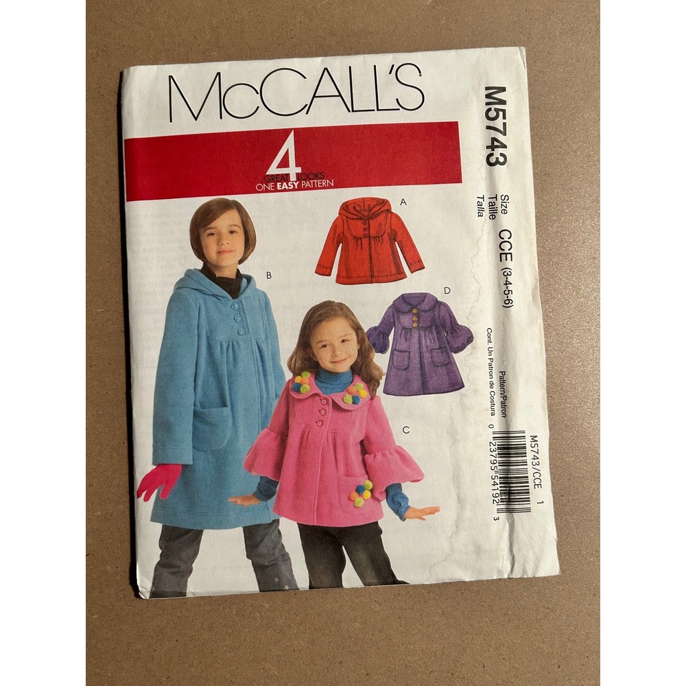 McCall's M5743 Childrens Girls Jacket Coat Sewing Pattern Size 3-6 Hooded Flared